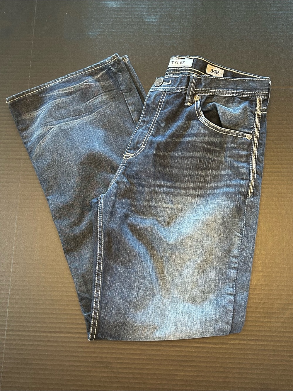 BKE Tyler Straight Jean Mens 34x31 Blue Dark Wash Faded Relaxed Fit Denim Cotton